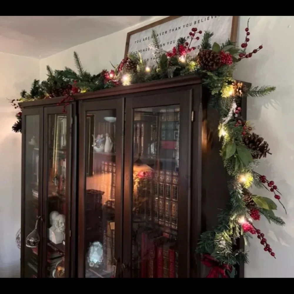 9 foot Premium Pre-lit Glittered Berries Pine Cones Garland, Farmhouse Christmas